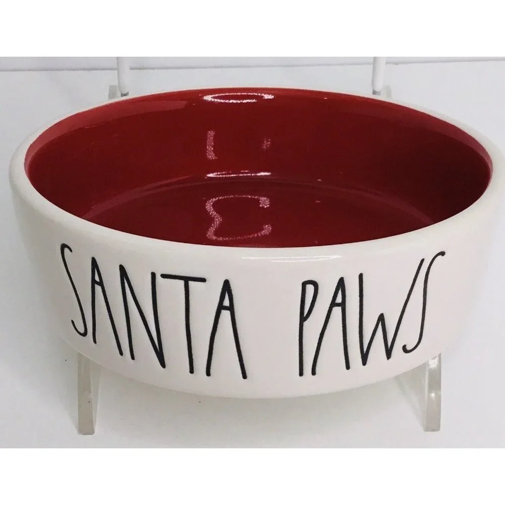Small Dog & Kitty Cat Bowl Rae Dunn White Red SANTA PAWS Puppy Ceramic 5